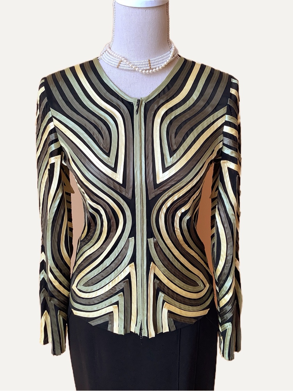 Cartise Black Mesh Zip Jacket Olive Green Wave Print Size 6 Lightweight Blazer